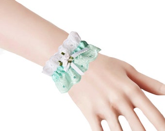 W6 Sweet Lolita Mint and White Rose Wrist Cuffs