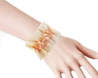 W2 Peach Lace Lolita Wrist Cuffs with Satin Ribbon Bow Decoration