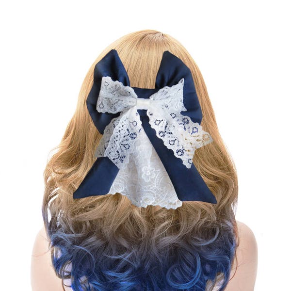 Navy and White Sailor Hair Bow Lace Barrette Veiled Bow Accessory