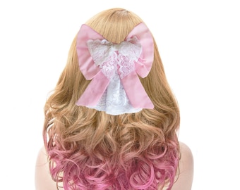 Pink and White Hair Bow Lace Barrette Veiled Bow Accessory