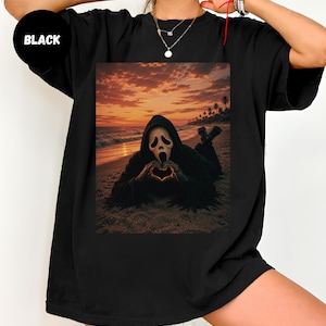 Komfortfärger Rolig Ghostface Alla hjärtans dag-t-shirt, Scream Movie Heart Hands T-shirt, Söt Skräckälskare Gåva, Ironisk Slasher Kärlekströja, Halloween