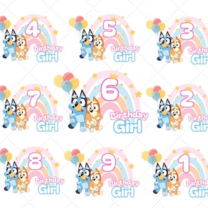 May include: A collection of colorful birthday-themed graphics featuring cartoon characters, rainbows, balloons, and the text "Birthday Girl" with numbers 1 through 9. Each design has a unique number, perfect for birthday celebrations.