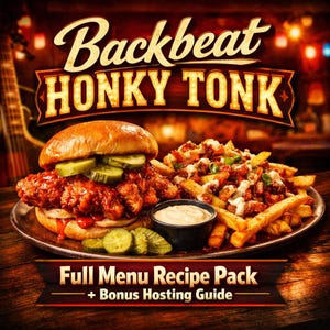 May include: A plate of food featuring a fried chicken sandwich with pickles, french fries with toppings, and a small bowl of sauce. The image has the text "Backbeat Honky Tonk" and "Full Menu Recipe Pack + Bonus Hosting Guide".
