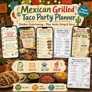 May include: A digital Mexican Grilled Taco Party Planner set featuring party invitations, menu options, and planning guides. The design includes illustrations of tacos, chili peppers, and cacti with text detailing taco builds, sides, and drinks.