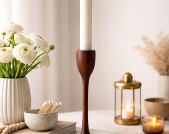 Wooden Candle Holder 22 cm | Walnut Oak Handmade Candlestick | Minimalist Scandinavian Decor | Taper Candle Holder