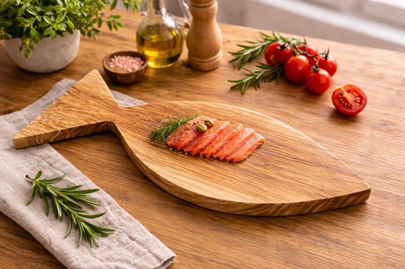 May include: A wooden fish-shaped serving board with sliced salmon, tomatoes, and rosemary. The board is on a wooden table, with a small bowl of pink salt, olive oil, and a potted plant in the background.