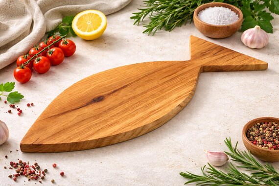 Fish Shaped Oak Cutting Board – Solid Wood Kitchen Board, BBQ Gift for Him, Rustic Serving Board, Handmade Wooden Board