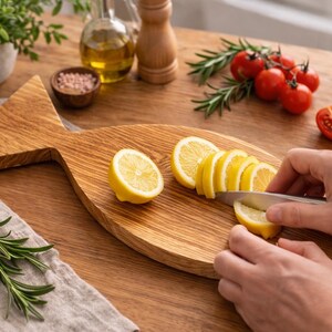 May include: A wooden fish-shaped cutting board with sliced lemons, tomatoes, and rosemary sprigs. A person is slicing a lemon with a knife. Other ingredients include olive oil, salt, and a small plant in a white pot.