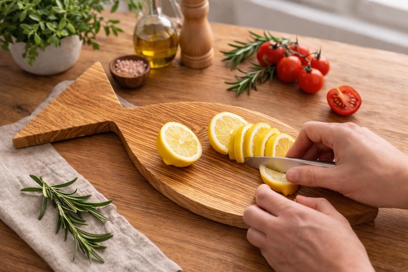 May include: A wooden fish-shaped cutting board with sliced lemons, tomatoes, and rosemary sprigs. A person is slicing a lemon with a knife. Other ingredients include olive oil, salt, and a small plant in a white pot.