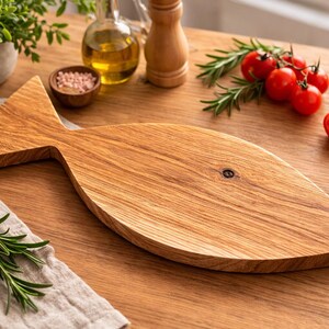 Fish Shaped Oak Cutting Board – Solid Wood Kitchen Board, BBQ Gift for Him, Rustic Serving Board, Handmade Wooden Board image 3