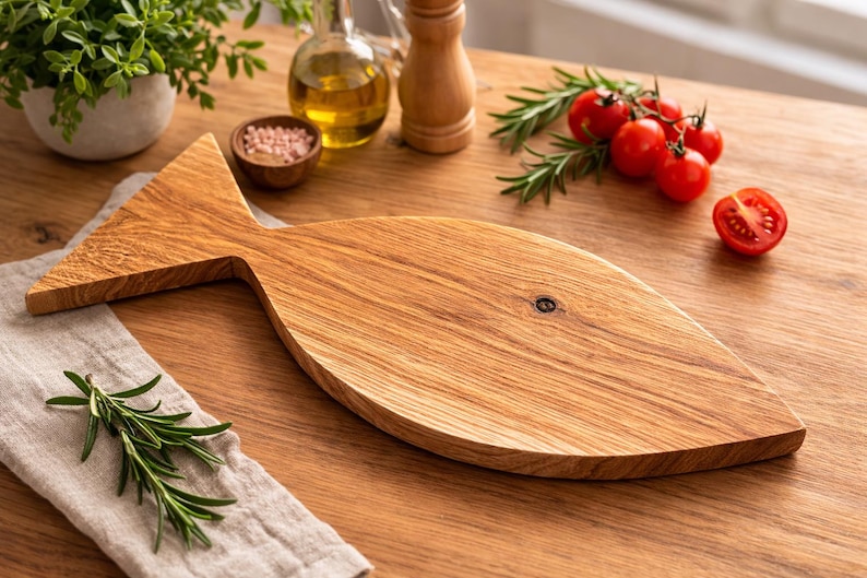 Fish Shaped Oak Cutting Board – Solid Wood Kitchen Board, BBQ Gift for Him, Rustic Serving Board, Handmade Wooden Board image 3