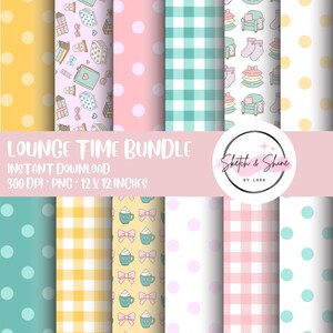 Puede incluir: Un paquete de papel digital con varios patrones en colores pastel. Los diseños incluyen lunares, cuadros vichy e ilustraciones de tazas de café, lazos y elementos temáticos de salón. Se muestra el texto "LOUNGE TIME BUNDLE".