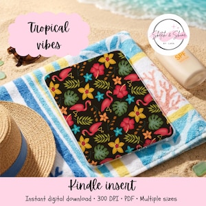 May include: A digital Kindle insert featuring a black background with a repeating pattern of pink flamingos, yellow and red hibiscus flowers, and green tropical leaves. The design includes text reading Tropical vibes and Sketch & Shine by LARA.