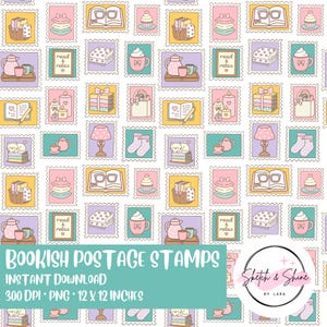 May include: A repeating pattern of bookish postage stamps in pastel colors. The stamps feature illustrations of books, teacups, lamps, and other cozy items. The text "BOOKISH POSTAGE STAMPS" is at the bottom. The image is 12 x 12 inches.