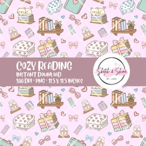 May include: A repeating pattern on a pink background features illustrations of books, blankets, cats, candles, glasses, and bows. The text "COZY READING" is displayed above the dimensions of 11.5 x 11.5 inches.