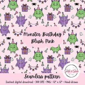 May include: A seamless digital pattern on a blush pink background featuring green and purple monsters wearing party hats, purple gift boxes, small ghosts, black spiders, and birthday banners with the text Monster Birthday Blush Pink.