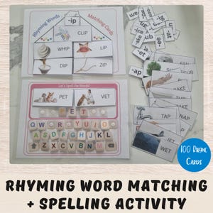 May include: Educational rhyming word matching and spelling activity set. Features matching cards with images and words such as "Whip" and "Lip", plus letter tiles for spelling. The set also includes 100 rhyme cards.