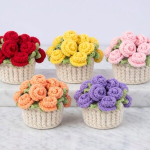 May include: Five crocheted flower arrangements in small, off-white baskets. The flowers are red, yellow, pink, orange, and purple, with green leaves. The baskets have a textured, woven appearance, and the arrangements are displayed on a white surface.