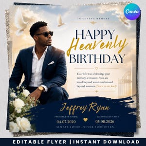 May include: A memorial flyer featuring a man in a navy suit and sunglasses, white doves, and the text: IN LOVING MEMORY, HAPPY Heavenly BIRTHDAY, Your life was a blessing, your memory a treasure. You are loved beyond words and missed beyond measure. Jeffrey Ryan, 04.07.2020, 05.08.2026, ALWAYS LOVED, NEVER FORGOTTEN.