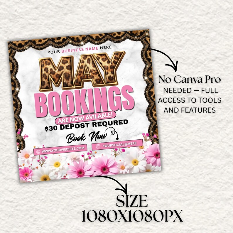 Leopard Print May Booking Flyer Canva, May Books Open Template, Beauty Booking, DIY text, Instant download, Instant download