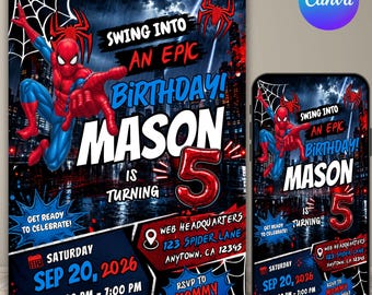Spider-Man verjaardagskaart, uitnodiging voor een superheldenfeestje voor jongens, verjaardagskaart voor elke leeftijd, digitale download, bewerkbaar Canva-sjabloon