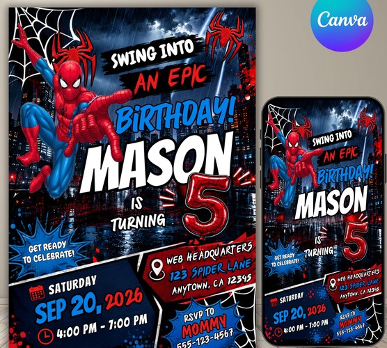 Spider-Man Birthday Invitation — Boys Superhero Party Invite Canva Template