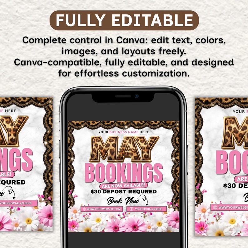 Leopard Print May Booking Flyer Canva, May Books Open Template, Beauty Booking, DIY text, Instant download, Instant download