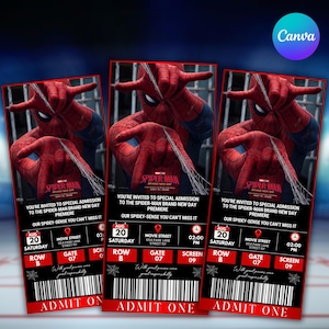 May include: Three identical rectangular movie tickets featuring Spider-Man in a red and blue suit with web-shooting hands. The text reads Spider-Man Brand New Day, August 20, Movie Street, Row B, Gate 07, Screen 09, and Admit One with a barcode.