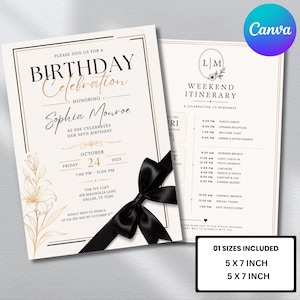 Puede incluir: Un juego de tarjetas de invitación de cumpleaños e itinerario de fin de semana con texto negro, detalles florales dorados y un lazo de satén negro. La invitación muestra el nombre Sophia Monroe, la fecha 24 de octubre de 2025 y una etiqueta de 12,7 x 17,8 cm.