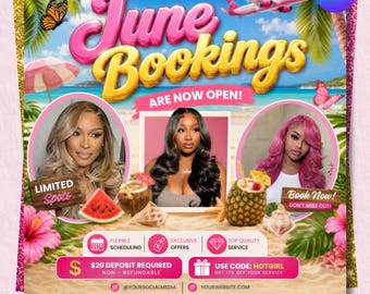 June Booking Flyer, Summer Booking Flyer, June Books Open, Hair Nails Lashes Makeup Appointment Template, DIY Text, Instant Download