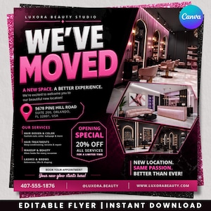 Könnte beinhalten: Ein Werbeflyer für das Luxora Beauty Studio, der den Umzug in die 5678 Pine Hill Road, Suite 200, Orlando, FL 32801 ankündigt. Das schwarz-rosa Design zeigt Innenaufnahmen des Salons, Serviceangebote, einen 20%-Eröffnungsrabatt und Kontaktdaten.