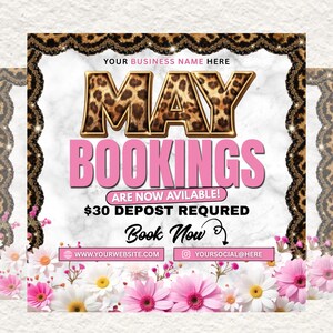 Leopard Print May Booking Flyer Canva, May Books Open Template, Beauty Booking, DIY text, Instant download, Instant download