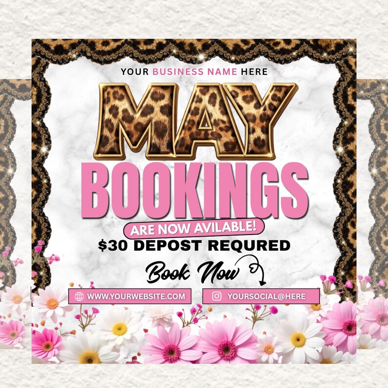 Leopard Print May Booking Flyer Canva, May Books Open Template, Beauty Booking, DIY text, Instant download, Instant download