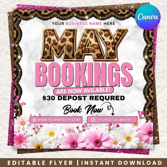 Leopard Print May Booking Flyer Canva, May Books Open Template, Beauty Booking, DIY text, Instant download, Instant download