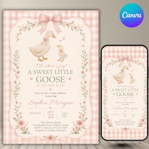 May include: A baby shower invitation featuring a light pink gingham background, a large pink bow, and illustrations of two geese. The text reads: Oh what a joy! A SWEET LITTLE GOOSE IS ON HER WAY! Join us for a baby shower honoring Sophia Morgan.