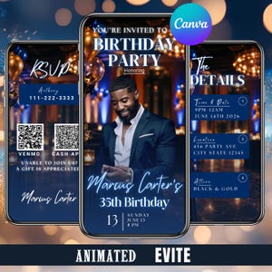 Pode incluir: Convite animado para uma festa de aniversário. O design apresenta uma foto de um homem de terno, com o texto "You're Invited to Birthday Party". Os detalhes incluem data, hora, local e traje.