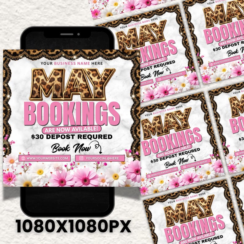Leopard Print May Booking Flyer Canva, May Books Open Template, Beauty Booking, DIY text, Instant download, Instant download