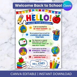 May include: A colorful classroom welcome sign featuring the text HELLO! WELCOME TO OUR CLASSROOM, along with illustrations of a pencil, backpack, apple, globe, books, and crayons. The sign includes encouraging messages and a space for a teacher's name.