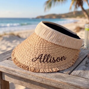 NEW! Fringed Straw Visor in Natural Tan Wholesale Paradise Straw Natural Palm Fringed Sun Visor Hat  main image 3