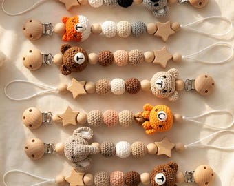 Personalized Name Pacifier Clip, Crochet Animal Baby Dummy Chain, Custom Handmade Soother Holder, Newborn Gift, Baby Shower Gift, Infant