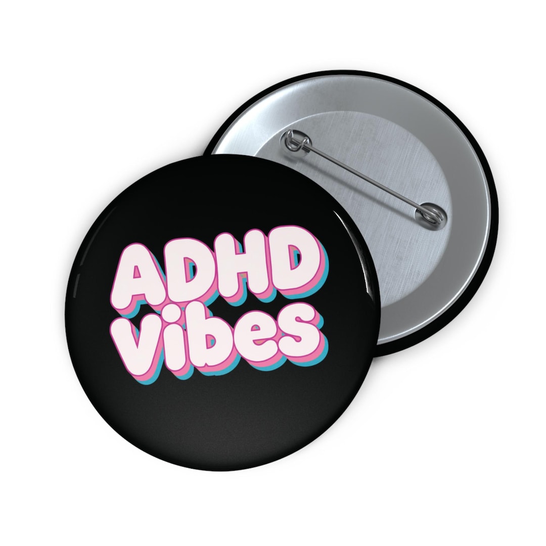 ADHD Vibes Badge Pin Buttons, Retro Black Background Colorful Letters ...