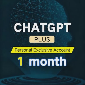 Op de afbeelding: Een digitale afbeelding die ChatGPT Plus promoot. De tekst "ChatGPT PLUS" is wit, met een gele banner met "Personal Exclusive Account" en "1 maand" in blauw. De achtergrond is donkerblauw met een netwerkontwerp.