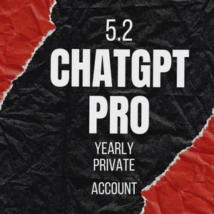 Op de afbeelding: Afbeelding met de tekst "5.2 ChatGPT PRO" in grote witte letters op een zwarte, getextureerde achtergrond. Daaronder staat in kleinere tekst "YEARLY PRIVATE ACCOUNT". Een gescheurde rode papieren rand omlijst de linkerboven- en rechteronderkant.