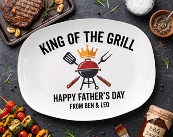 Personalized King of the Grill Platter, Custom Dad Fathers Day Gift, BBQ Serving Plate for Men, Personalized Grilling Gift from Kids