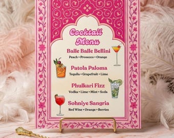 Bar Menu Sign | Barbie Inspired Pink Floral Cocktail Menu | Sangeet Drink Sign | Punjabi Wedding Decor | Desi Bride Wedding Digital Download