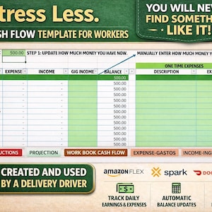 May include: Excel cash flow template for workers with the text "Stress Less." The spreadsheet includes sections for expenses, income, and balance. The template is created and used by a delivery driver and is easy to use and fully customizable.