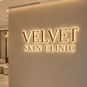 Op de afbeelding: Een beige muur is voorzien van de verlichte gouden letters VELVET SKIN CLINIC. De binnenruimte bevat een gebogen receptiebalie met witte bloemen in een vaas, verlichte schappen met huidverzorgingsproducten en een crèmekleurige stoel.