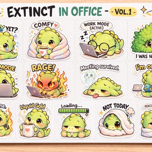Może przedstawiać: Arkusz naklejek z kreskówkowymi dinozaurami w różnych sytuacjach biurowych. Tekst zawiera "Extinct in Office - Vol.1", "Is it Friday Yet?", "Comfy", "Work Mode", "Lurk Mode", "Rage!", "Meeting survived.", "I'm out!", "This is fine.", "Liquid Gold", "Loading...", "Not Today" i "Percentage of Percentage."