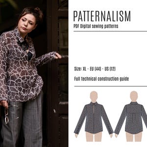 Patrón de camisa holgada con abertura frontal y puños de 4 botones, talla XL (descarga digital)