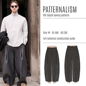 Può includere: Una persona indossa una camicia chiara e pantaloni scuri a gamba larga. L'immagine include il testo "PATTERNALISM" e "PDF Digital sewing patterns." La taglia è M - EU (48) - US (38).